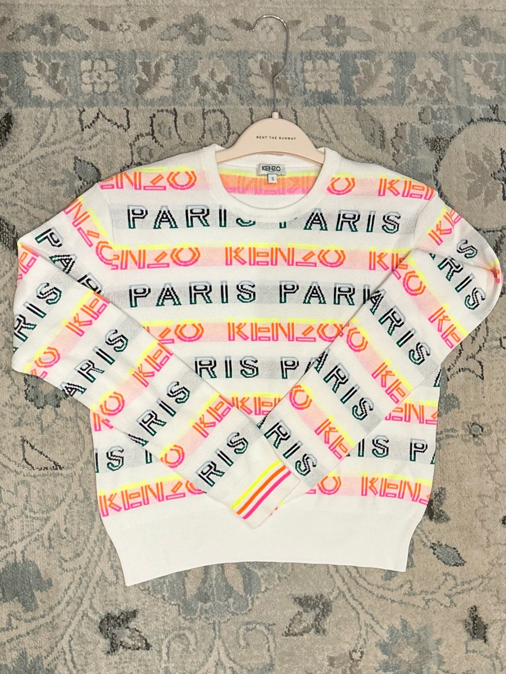 Kenzo White Logo Knit Sweater with Neon Pink, Yellow and Orange Accents